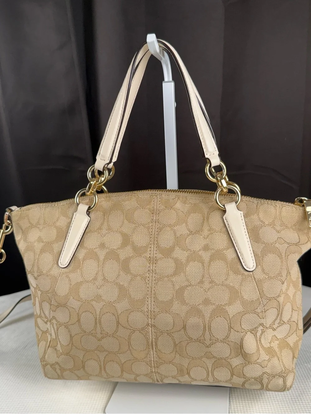 Coach Beige Signature Canvas Satchel with Cream Trim